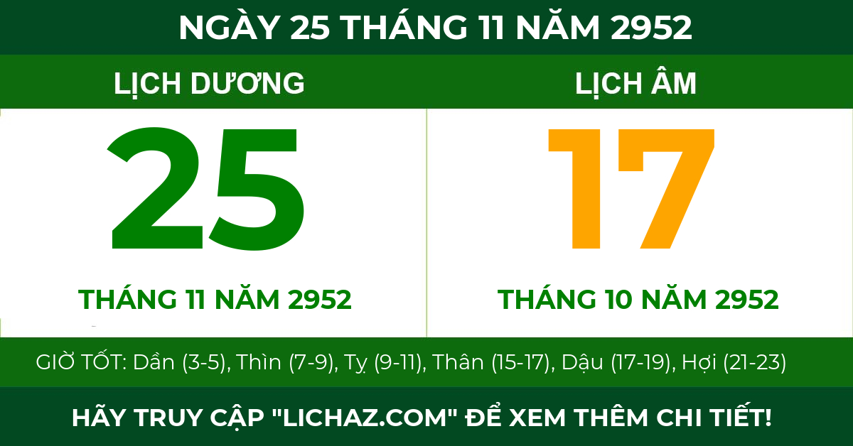 lịch âm ngày 25 tháng 11 năm 2952