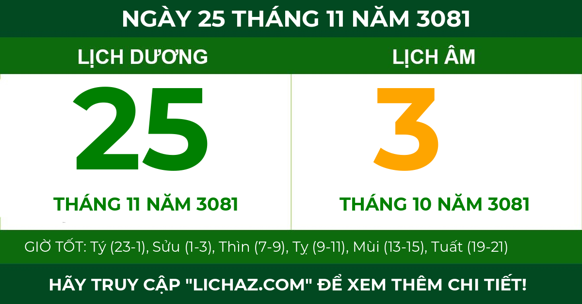 lịch âm ngày 25 tháng 11 năm 3081