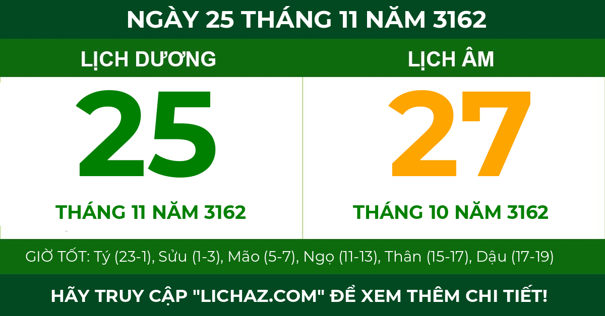 lịch âm ngày 25 tháng 11 năm 3162