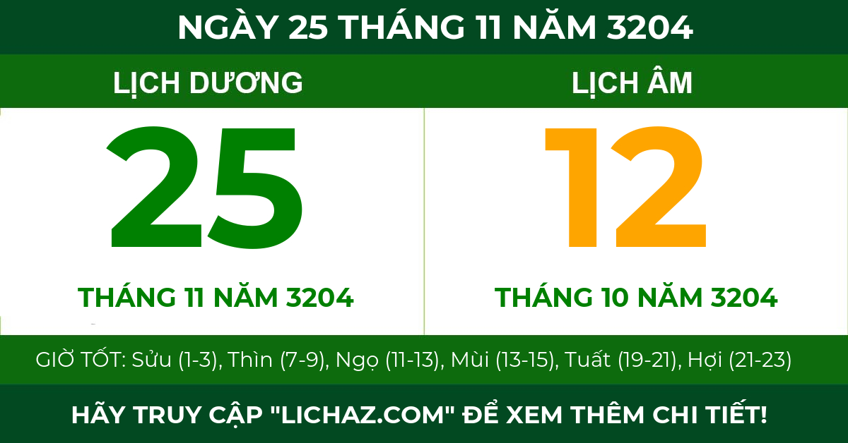 lịch âm ngày 25 tháng 11 năm 3204