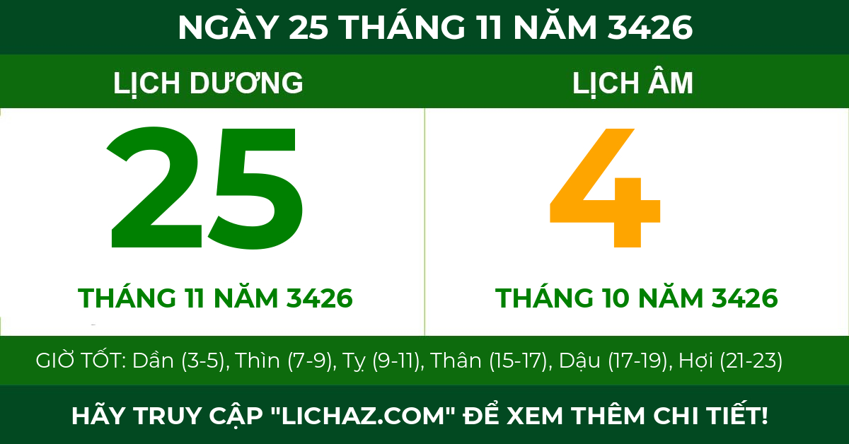 lịch âm ngày 25 tháng 11 năm 3426