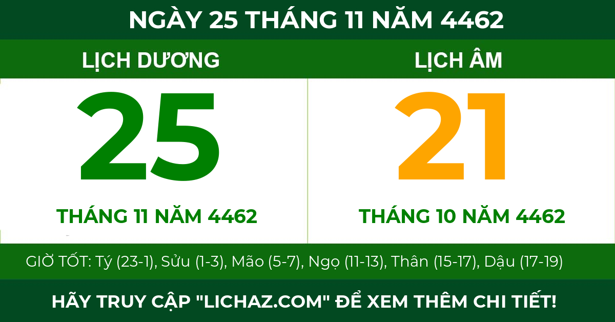 lịch âm ngày 25 tháng 11 năm 4462