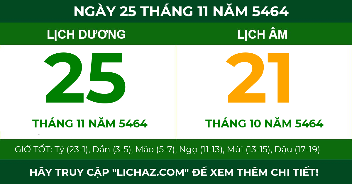 lịch âm ngày 25 tháng 11 năm 5464