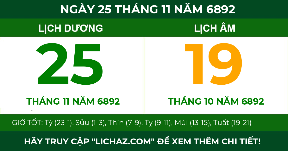 lịch âm ngày 25 tháng 11 năm 6892