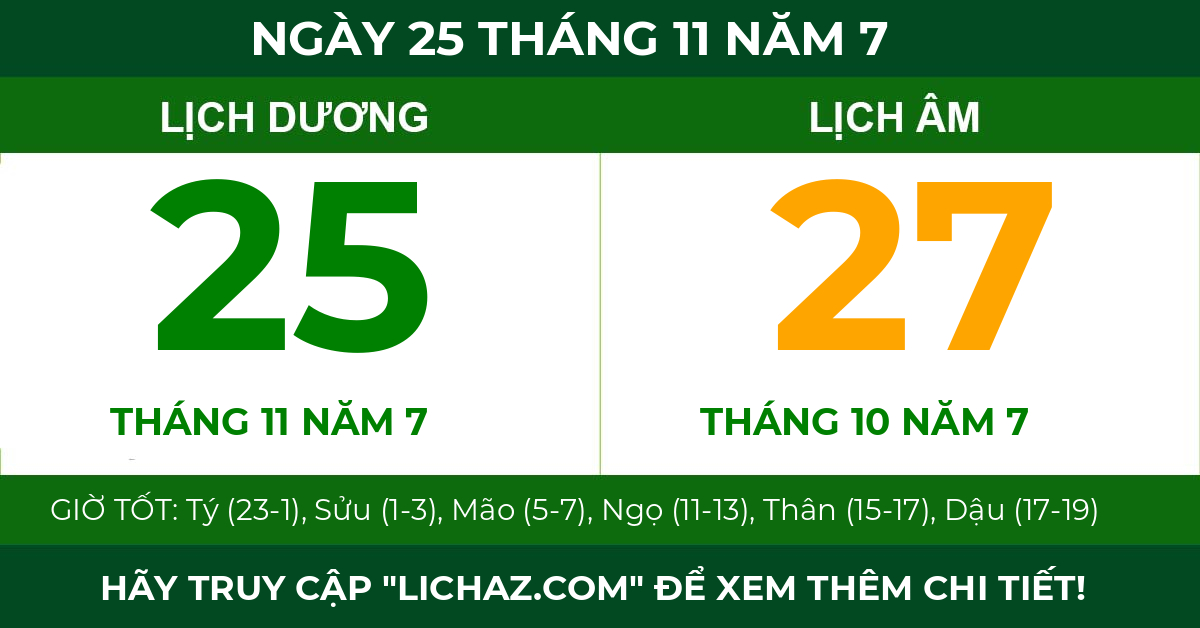 lịch âm ngày 25 tháng 11 năm 7