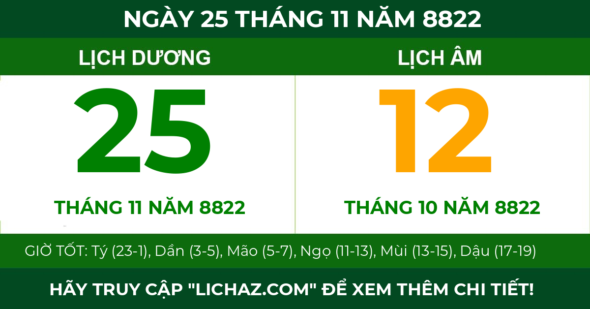 lịch âm ngày 25 tháng 11 năm 8822