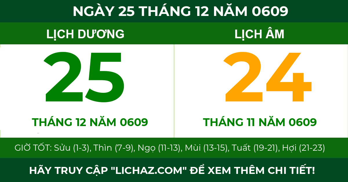 lịch âm ngày 25 tháng 12 năm 0609