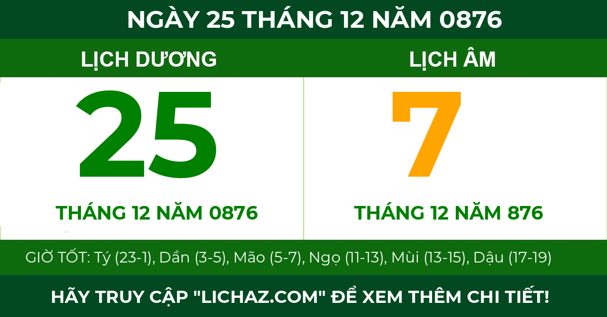 lịch âm ngày 25 tháng 12 năm 0876