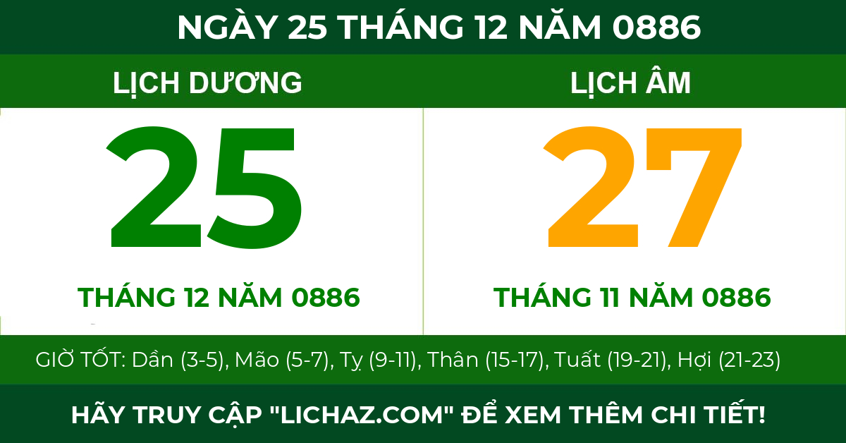 lịch âm ngày 25 tháng 12 năm 0886