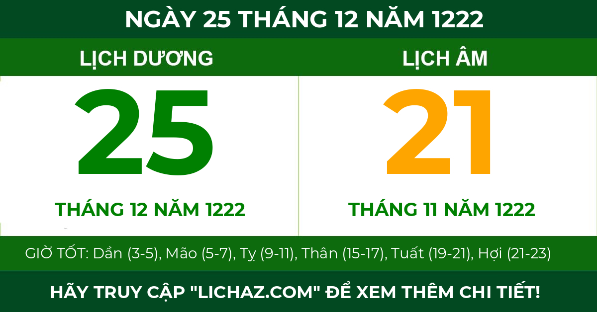 lịch âm ngày 25 tháng 12 năm 1222