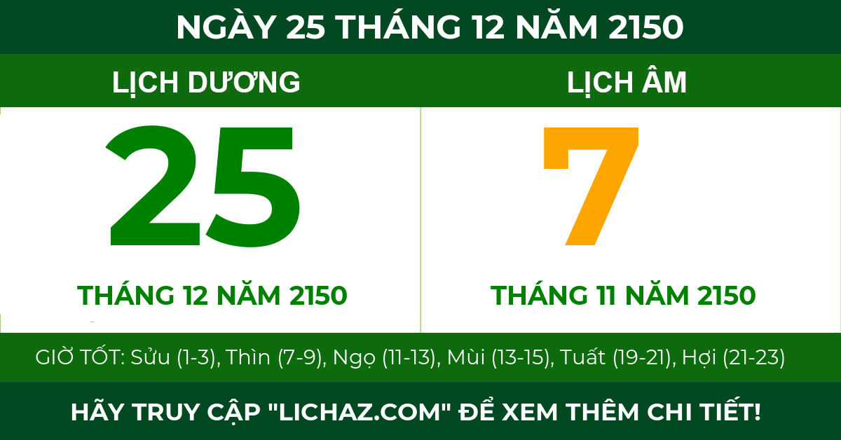 lịch âm ngày 25 tháng 12 năm 2150