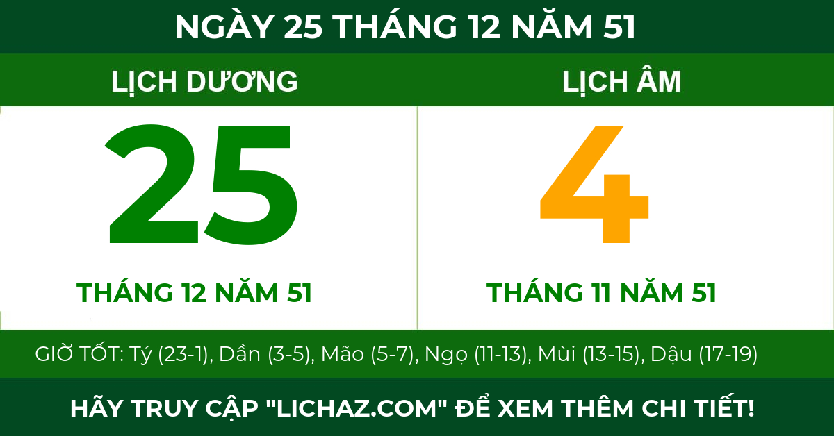 lịch âm ngày 25 tháng 12 năm 51