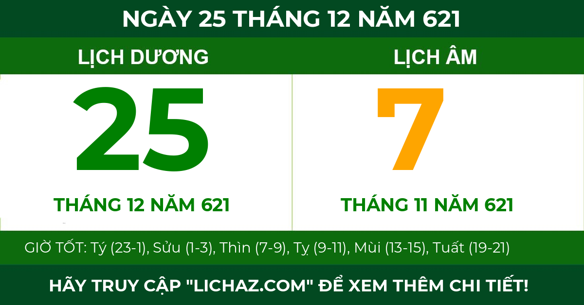 lịch âm ngày 25 tháng 12 năm 621