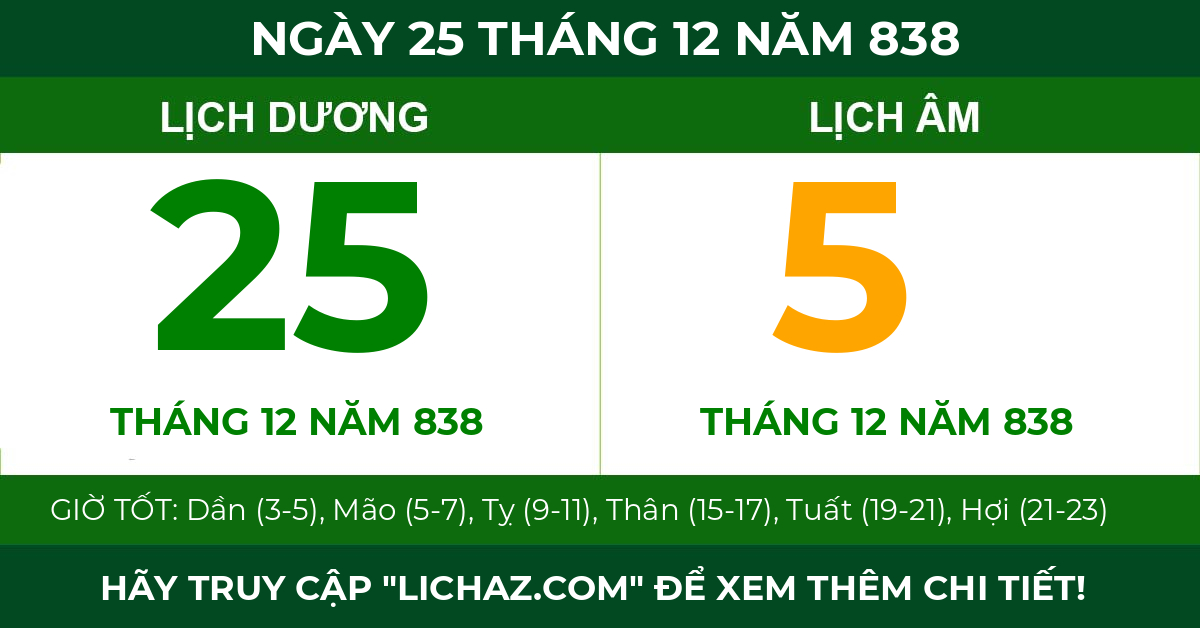 lịch âm ngày 25 tháng 12 năm 838