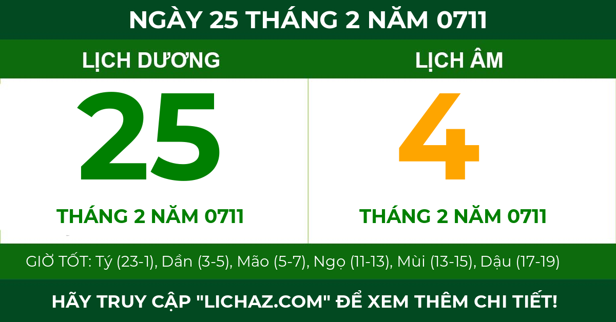lịch âm ngày 25 tháng 2 năm 0711