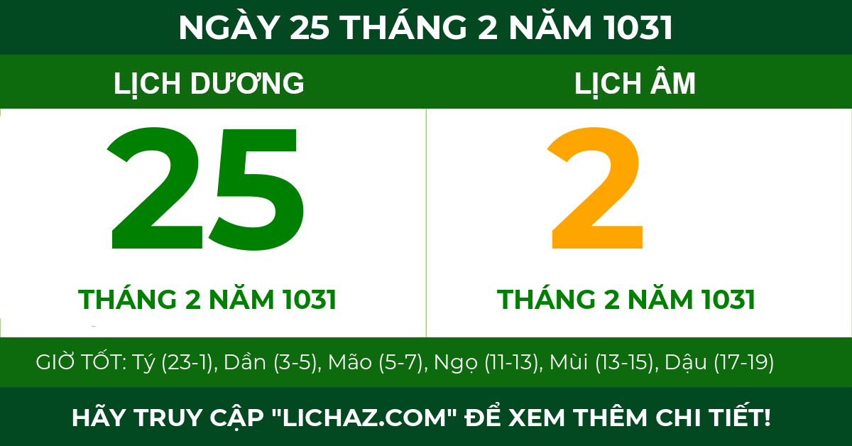 lịch âm ngày 25 tháng 2 năm 1031