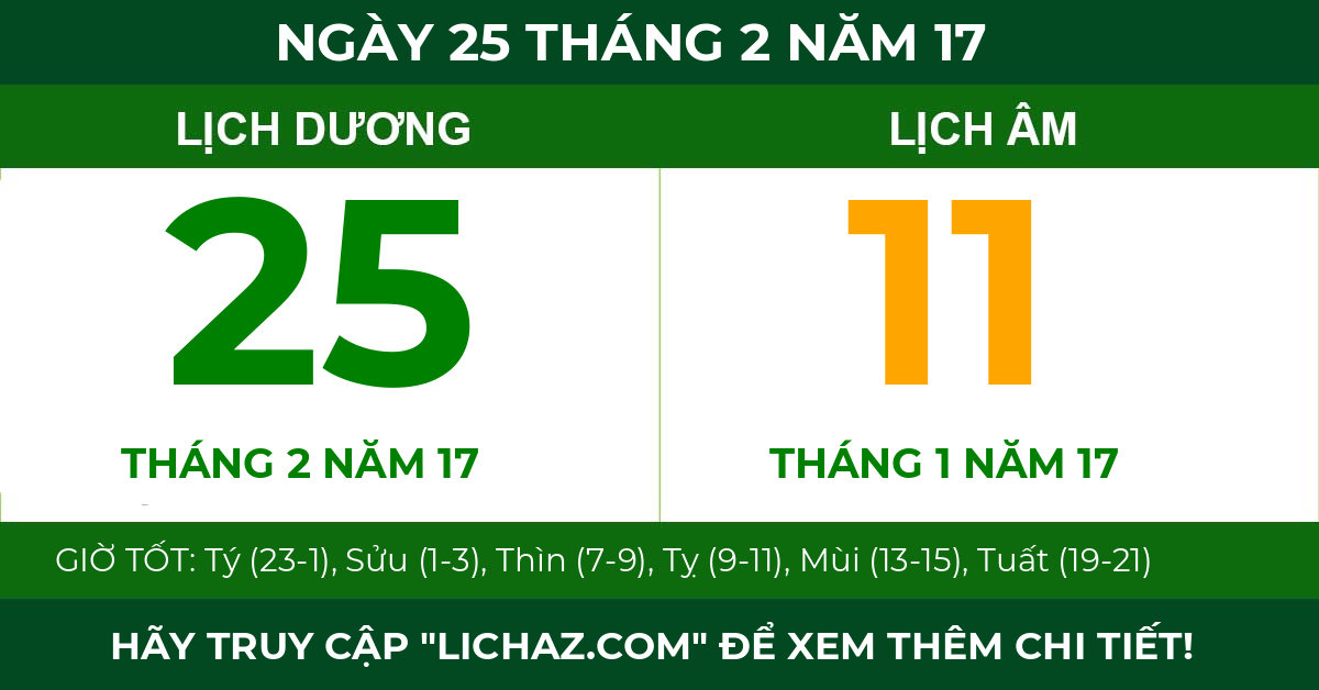 lịch âm ngày 25 tháng 2 năm 17
