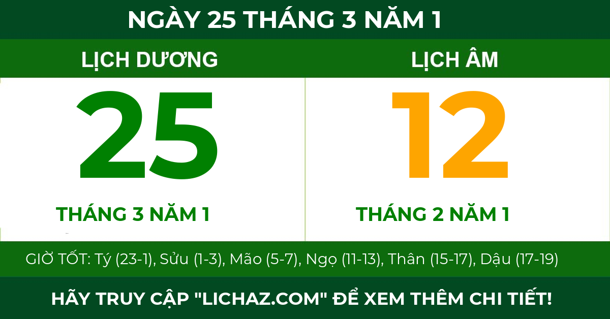 lịch âm ngày 25 tháng 3 năm 1