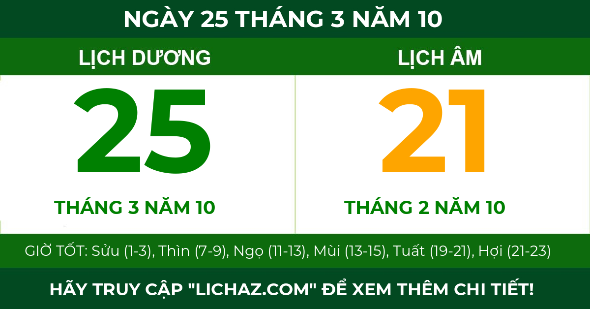 lịch âm ngày 25 tháng 3 năm 10