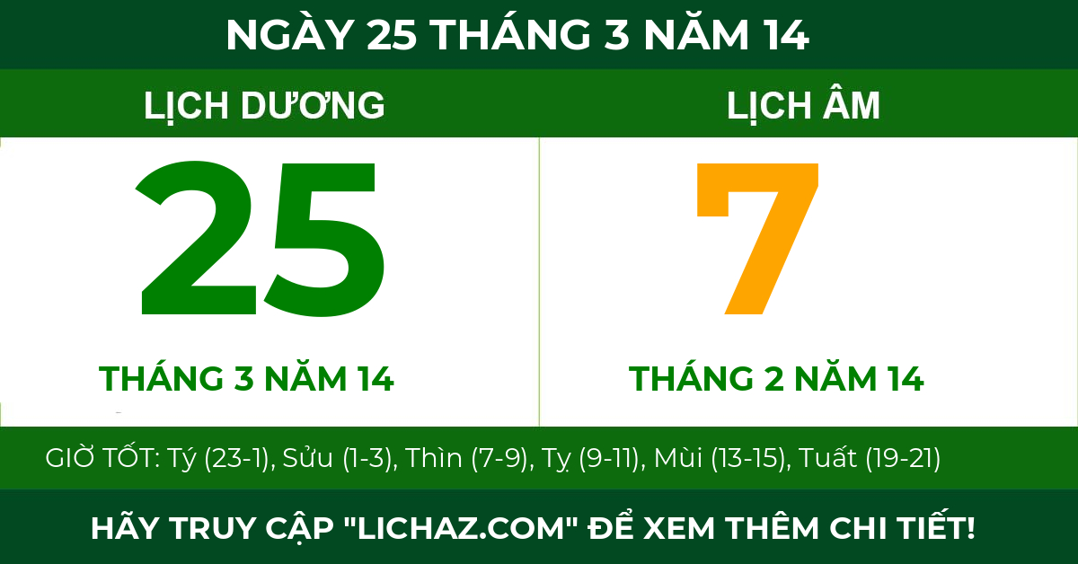 lịch âm ngày 25 tháng 3 năm 14
