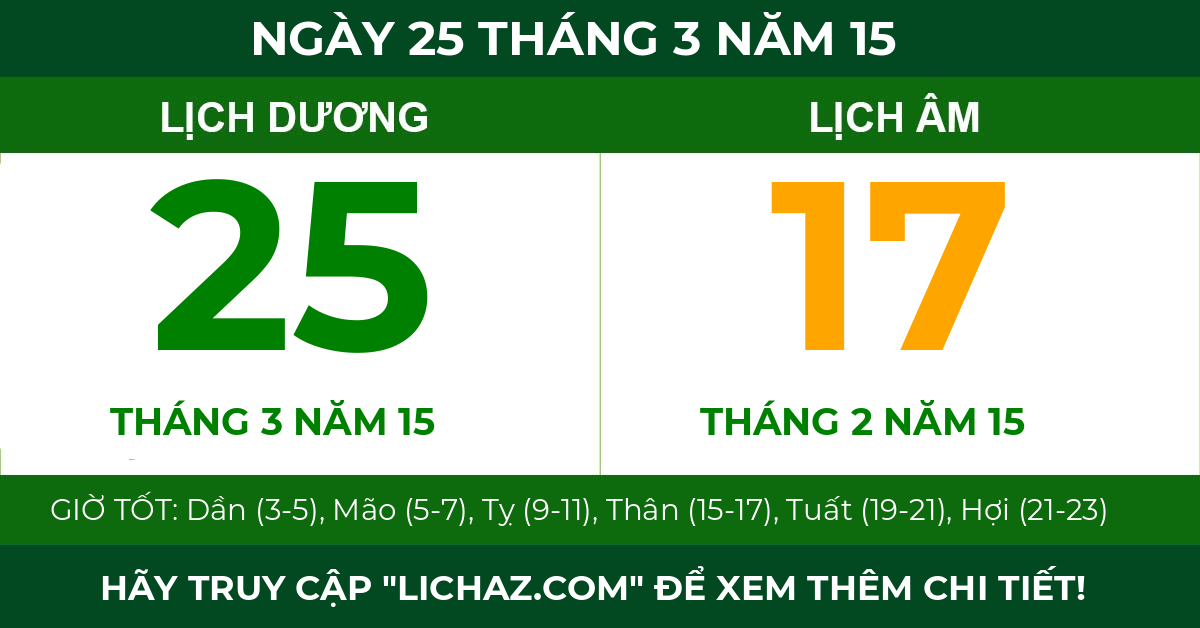 lịch âm ngày 25 tháng 3 năm 15
