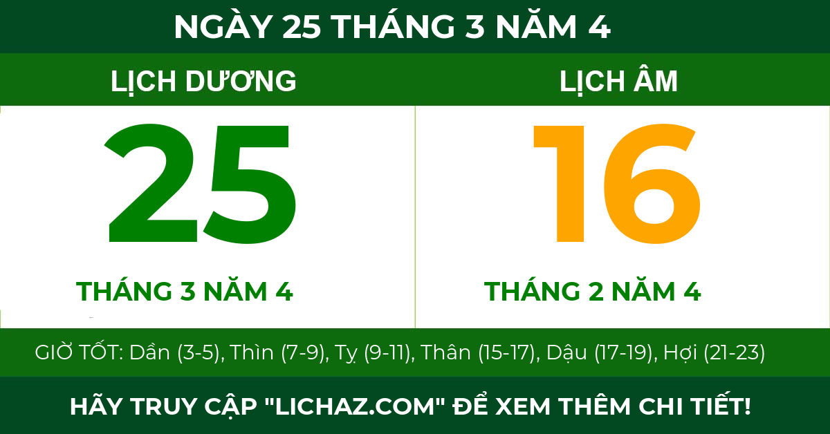 lịch âm ngày 25 tháng 3 năm 4