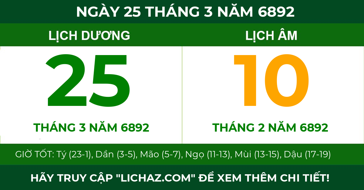 lịch âm ngày 25 tháng 3 năm 6892