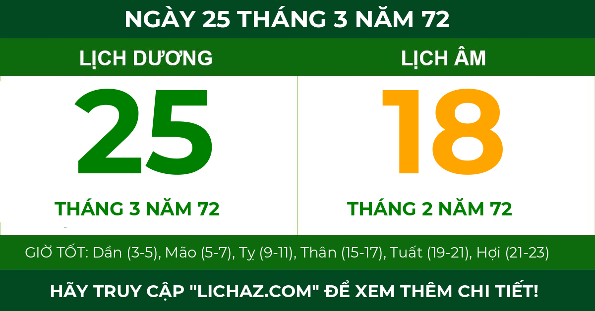 lịch âm ngày 25 tháng 3 năm 72