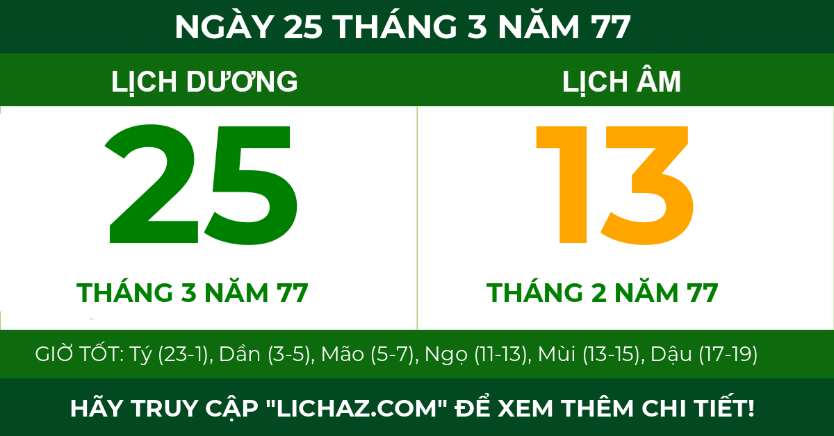 lịch âm ngày 25 tháng 3 năm 77