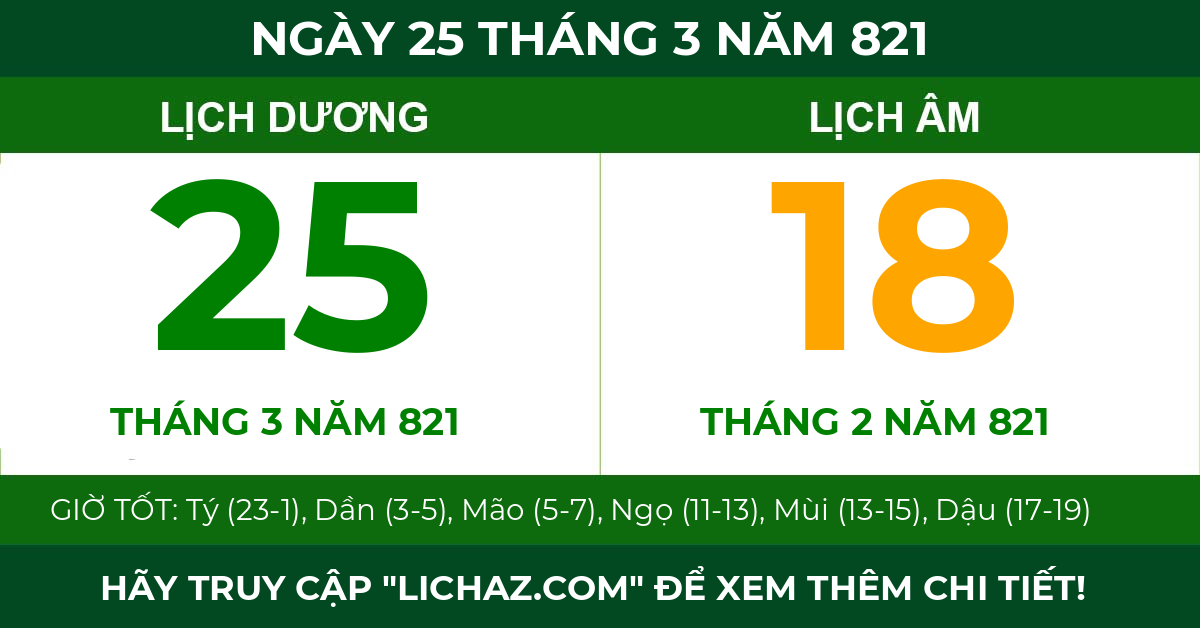lịch âm ngày 25 tháng 3 năm 821