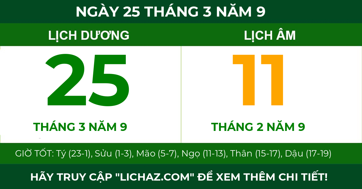 lịch âm ngày 25 tháng 3 năm 9