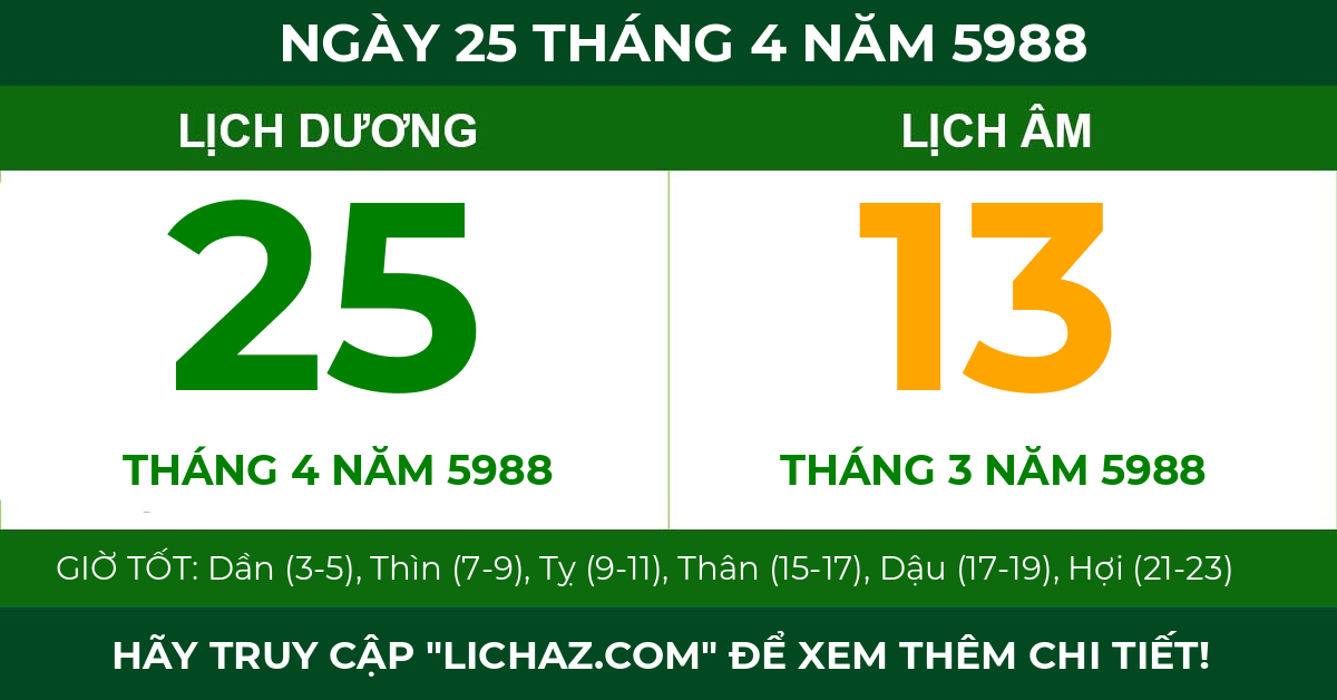 lịch âm ngày 25 tháng 4 năm 5988