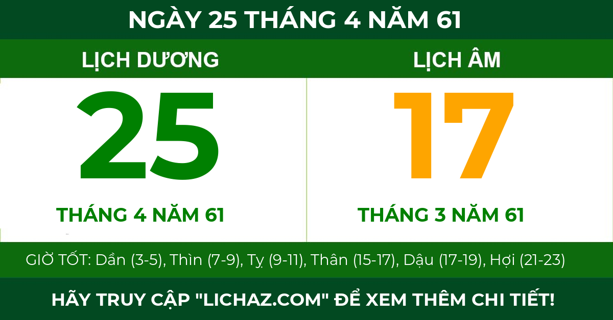 lịch âm ngày 25 tháng 4 năm 61