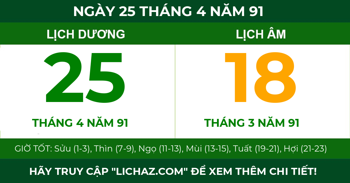 lịch âm ngày 25 tháng 4 năm 91