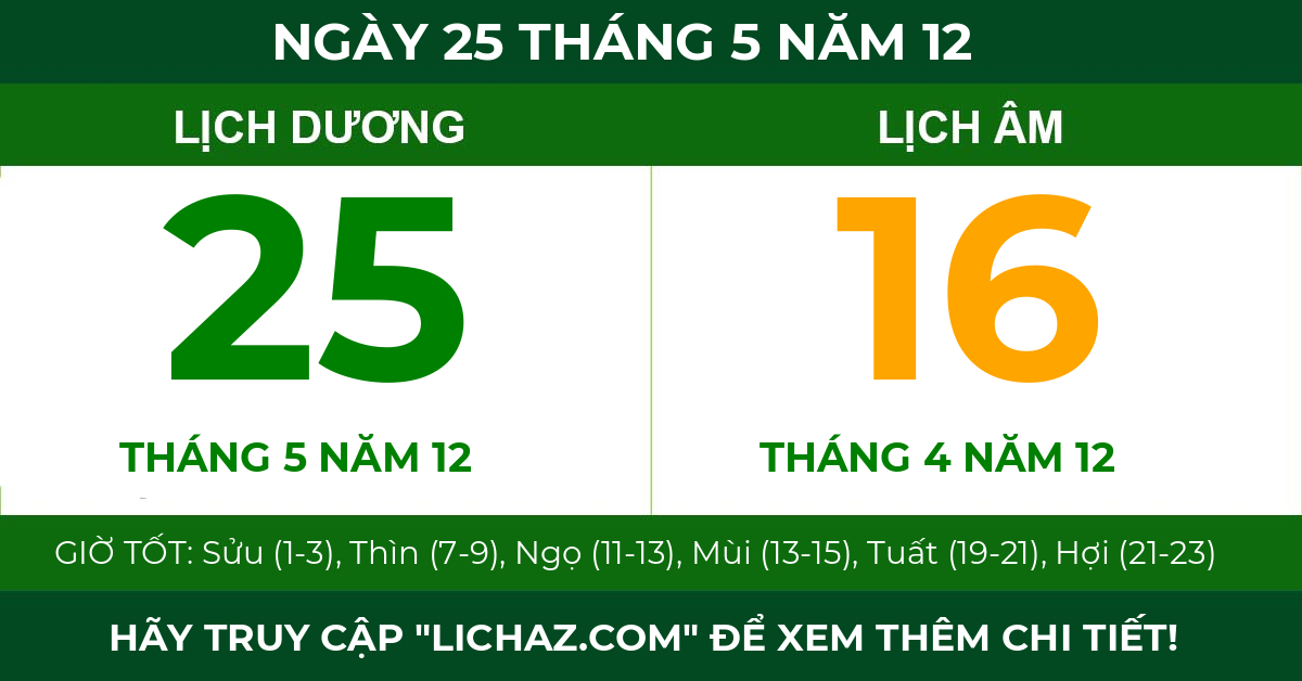 lịch âm ngày 25 tháng 5 năm 12