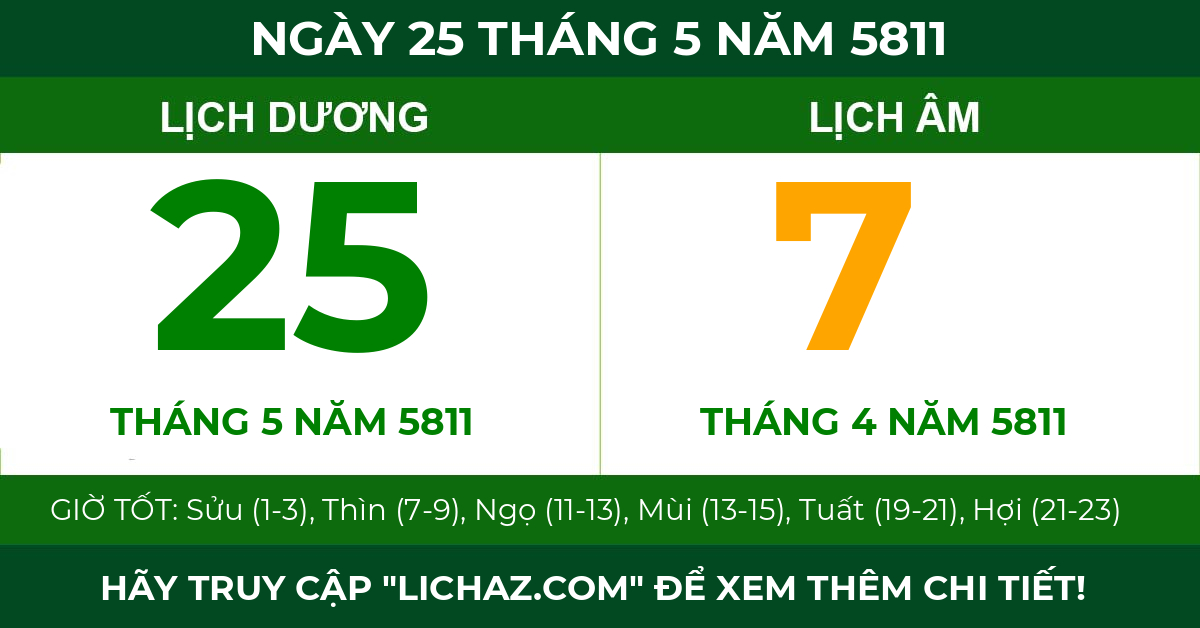 lịch âm ngày 25 tháng 5 năm 5811
