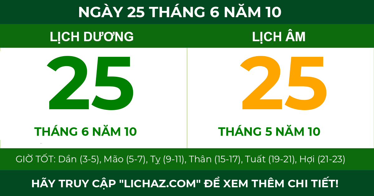 lịch âm ngày 25 tháng 6 năm 10