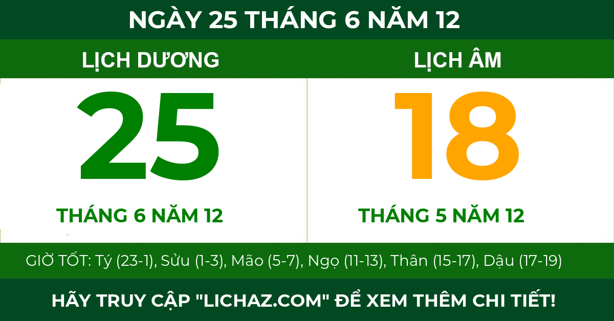 lịch âm ngày 25 tháng 6 năm 12