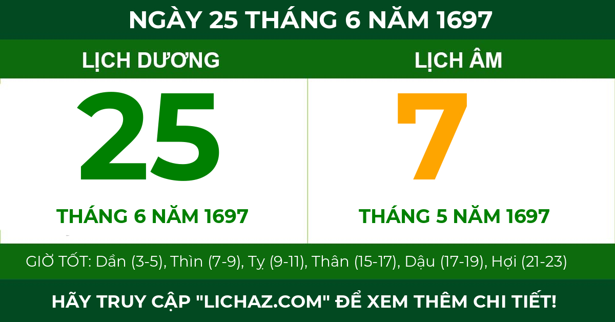 lịch âm ngày 25 tháng 6 năm 1697
