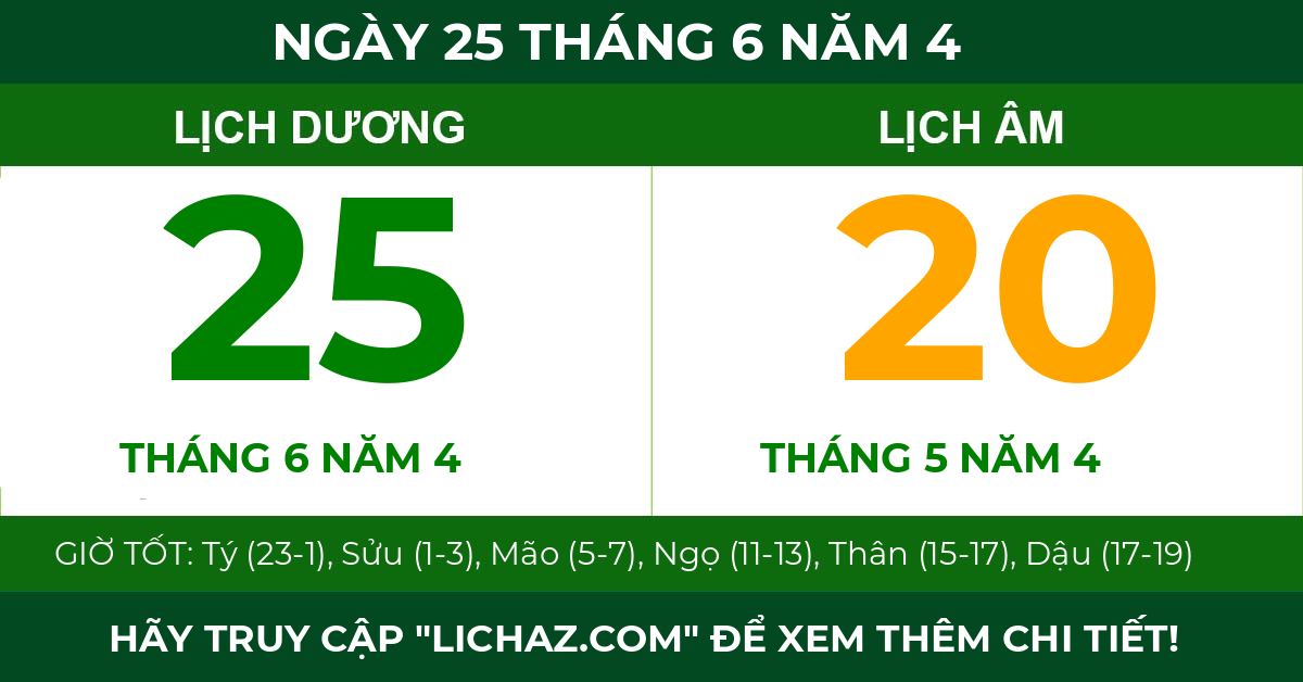 lịch âm ngày 25 tháng 6 năm 4