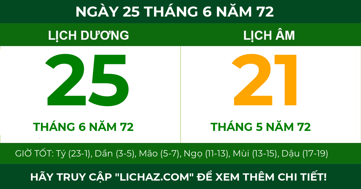 lịch âm ngày 25 tháng 6 năm 72