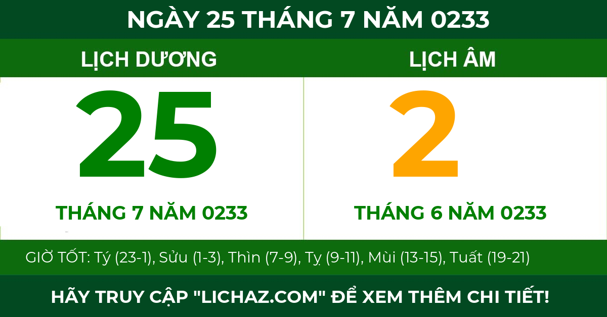 lịch âm ngày 25 tháng 7 năm 0233
