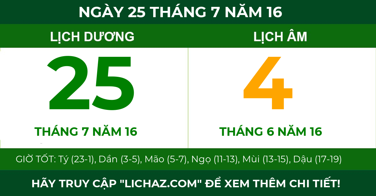 lịch âm ngày 25 tháng 7 năm 16
