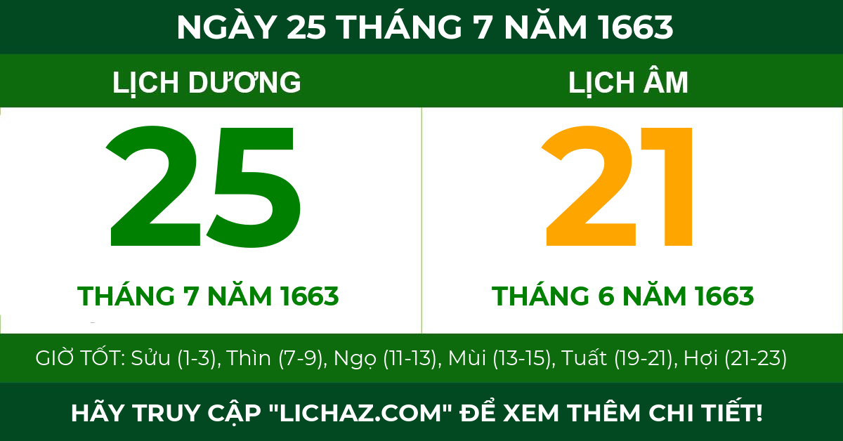 lịch âm ngày 25 tháng 7 năm 1663