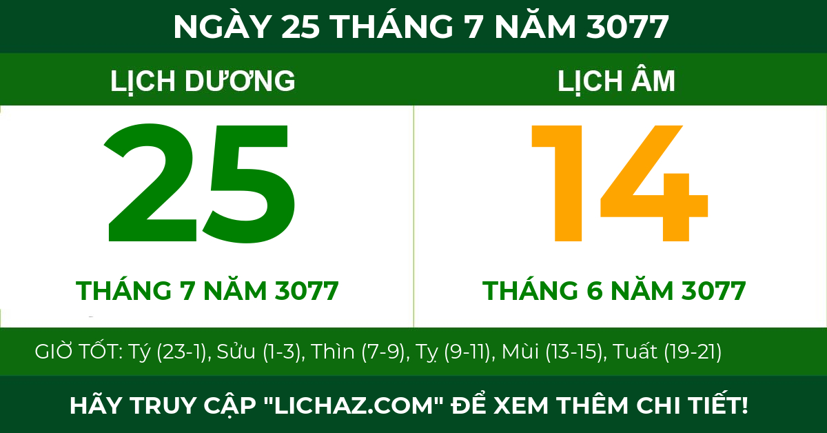 lịch âm ngày 25 tháng 7 năm 3077