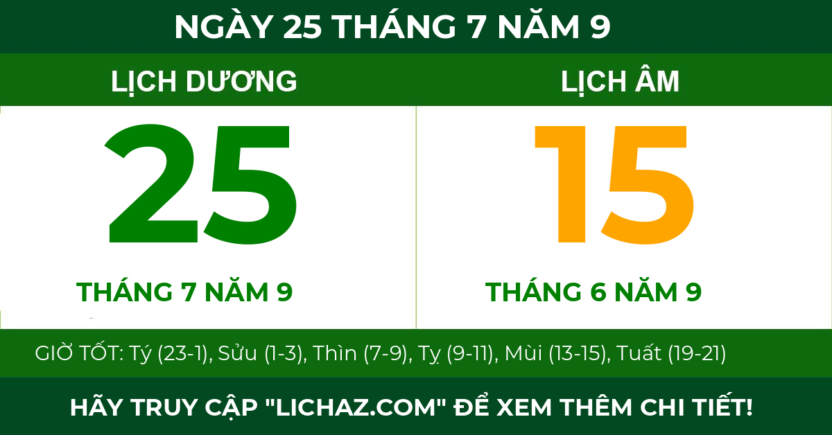 lịch âm ngày 25 tháng 7 năm 9