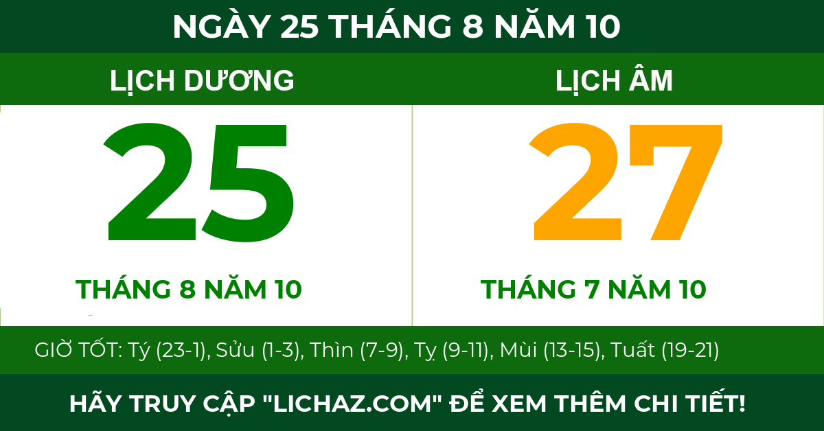 lịch âm ngày 25 tháng 8 năm 10