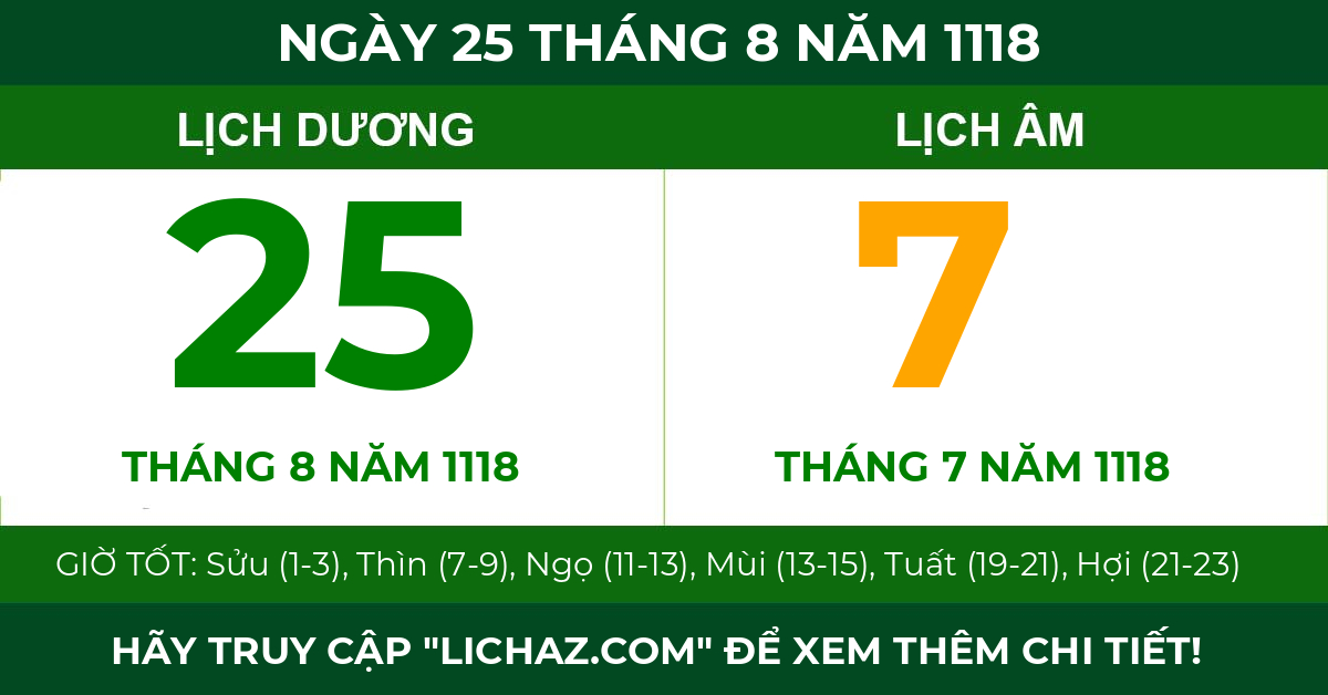 lịch âm ngày 25 tháng 8 năm 1118
