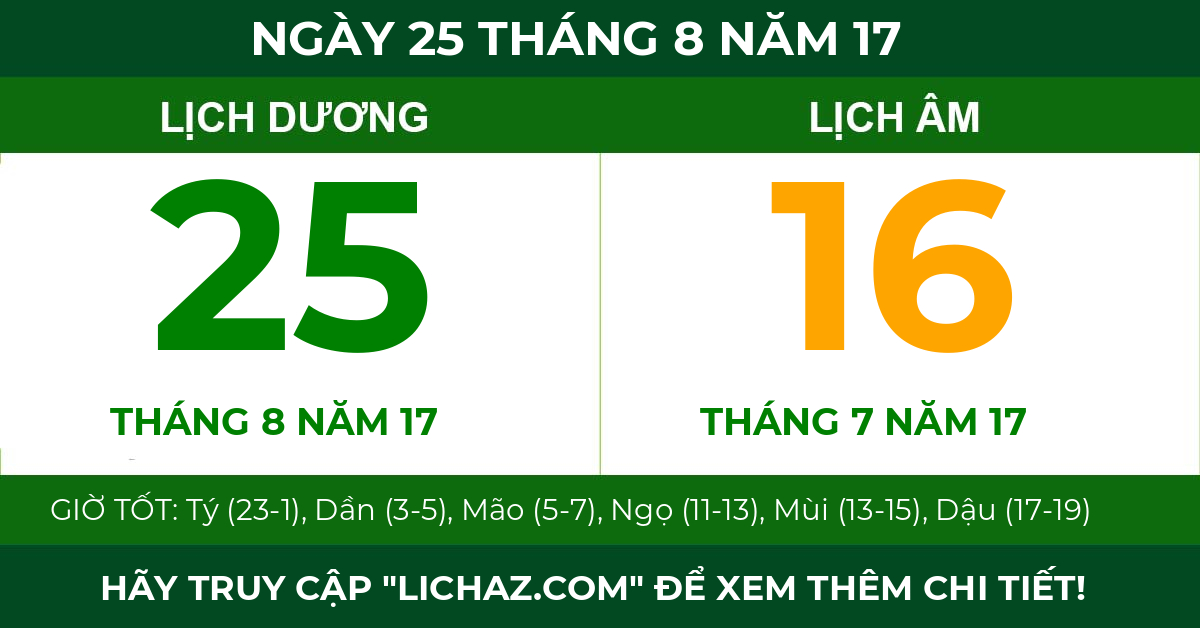 lịch âm ngày 25 tháng 8 năm 17