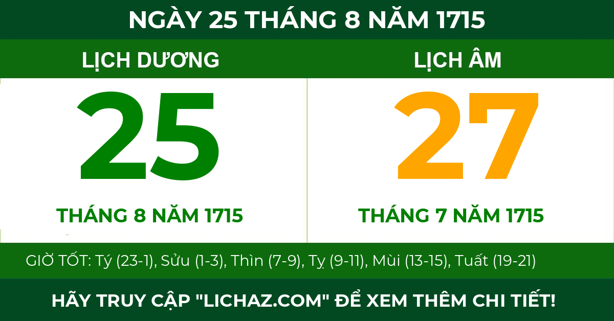 lịch âm ngày 25 tháng 8 năm 1715